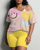 Women's Plus Size Pink Smiley Graffiti Print Short Sleeve Shorts Suit