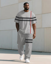 Men's Plus Size Grey Colorblock Striped Alphabet Print T-Shirt Trousers Suit