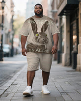 Men's Plus Size Khaki Fun Bunny Print Short Sleeve T-Shirt Shorts Suit