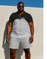 Men's Plus Size Classic Black & Light Melange Gray Design Patchwork Short Sleeve POLO Shorts Suit