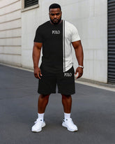 Men's Plus Size Casual Black & White Colorblock Chest Small Label Printed Short Sleeve T-Shirt Shorts Suit