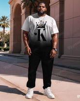 Men's Plus Size Black And White Gradient K Letter Print T-shirt Trousers Suit