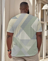 Men's Plus Size Casual Daily Green Contrast Striped Print Henley Collar Button Short Sleeve T-Shirt