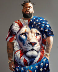 Men's Plus Size Independence Day Flag Lion Print T-Shirt Set