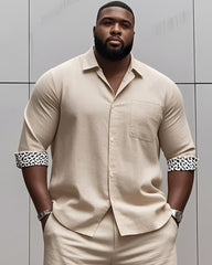 Men's plus-size casual daily long-sleeved shirt and shorts suit
