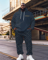 Men's Casual Blue Pattern Letter Print Big Size Hoodie Set