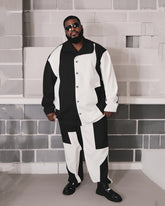 Men's Plus Size Black And White Colorblock Printed Long Sleeve Shirt Trousers Suit