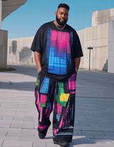 Plus Size 1 L-9L Men's Irregular Square Print Casual Short Sleeve T-Shirt Pants Suit