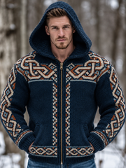 Men's Blue Celtic Knot Geometric Zip Cardigan Knit Sweater