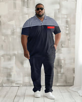 Men's Plus Size Light Business Pinstripe Patchwork Polo Shirt Trousers Suit