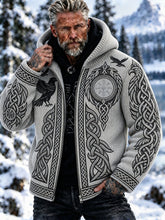 Men's Retro Viking Raven Print Hooded Zip-up Sweater