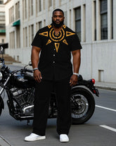 Men's Plus Size Black Collar Signature Printed Short Sleeve Shirt Trousers Suit