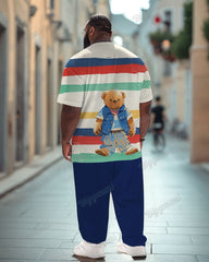 Men's Plus Size Color Striped Bear Letter Print T-shirt Trousers Suit