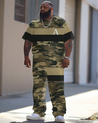 Men's Large Camouflage Patchwork Printed T-shirt Trousers Suit