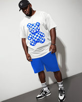 Men's Plus Size Blue Checkerboard Pixel Bear Print Short Sleeve T-Shirt Shorts Suit