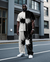 Big Men's Artistic Black & White Half Splicing Ink Spash Printed Short Sleeve T-shirt Pants Set