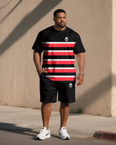 Big & Tall Men Black & White & Red Striped Color-matching Chest Small Label Printed Crewneck Short Sleeve T-shirt Shorts Suit