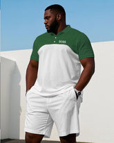 Men's large size Casual Green & White Signature Patchwork Small Label Print On Chest Short-sleeved polo shorts set