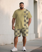 Men's Plus Size Casual Khaki Texture Checkerboard Fabric Color-matching Short-sleeved T-shirt Shorts Suit
