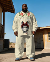 Big Men's Western Cowboy Style Horse & Retro Totem Printed Long Sleeve Shirt Trousers Set