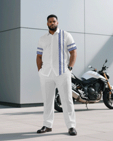 Big & Tall Men's Business Simple White Ethnic Mosaic Printed Short Sleeve Shirt Pants Suit