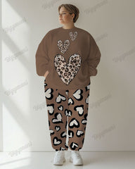 Women's Casual Daily Heart Leopard Print Plus Size Sweatshirt Suit