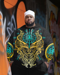 Men's Street Fashion Golden Dragon Head Print Plus Size Hoodie Suit