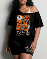 Women's Big & Tall Halloween Trick Or Treat Graffiti Print Short Sleeve Shorts Suit