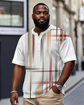 Men's Plus Size Casual White Contrast Plaid Print Henry Collar Button Short Sleeve T-Shirt