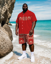 Men's Vintage Fashion Color Block Abstract Floral Printed Big & Tall Short Sleeve Shirt Shorts Set