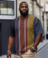 Men's Plus Size Retro Geometric Stripe Print Henley Collar Button Short Sleeve Tee