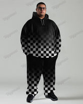 Autumn And Winter Gradient Checkerboard Print Men's Plus Size Hoodie Suit