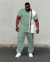 Men's Plus Size Tender Green & White Colorblock Small Label Design Arrangement Printed Short-sleeved T-shirt Trousers Suit