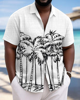 Men's Plus Size Hawaiian Black And White Coconut Printed Short Sleeve Slub Shirt