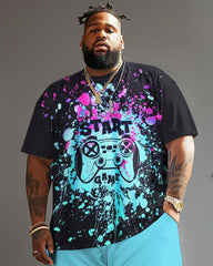 Large Build Men's Colorful Graffiti Crew T-shirt and Shorts Set