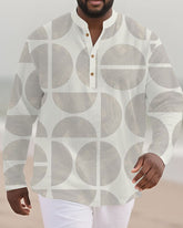 Big & Tall Men's White Gray Colorblock Geometric Print Bamboo Hemp Texture Henry Collar Long Sleeve Shirt