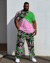 Men's Plus Size Street Graffiti Pink & Green Distinctive Stitching Short-sleeved T-shirt Trousers Suit