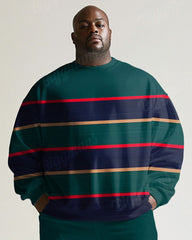 Men's Simple Green Stripe Print Plus Size Round Neck Sweatshirt Suit
