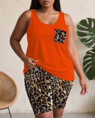 Women's Plus Size Daily Casual Orange Leopard Print Pocket Vest Shorts Suit