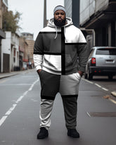 Men's Large Size Black And White Plaid Colorblock Casual Hoodie And Sweatpants Two-Piece Set