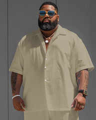 Simple Khaki Solid Color Big Men Short Sleeve Shirt Shorts Set