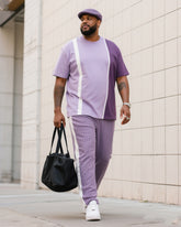 Big Boy Street Fashion High Purple Easy Color-block Striped Short-sleeve Trousers Suit