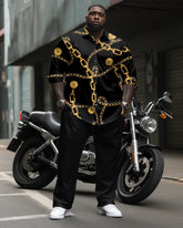 Chain Pattern Printed Long Sleeve Lapel Shirt 2 Piece Set Men's Plus Size