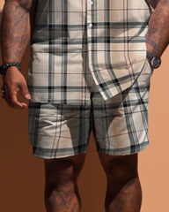 Guys Big Size Classic Khaki Plaid Short Sleeve Shirt Shorts Set