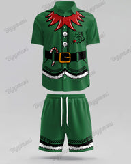 Men's Plus Size Christmas Green Elf Cosplay Printed Shirt Shorts Suit