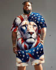 Men's Plus Size Independence Day Flag Lion Print T-Shirt Set