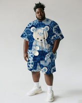 Men's Plus Size Blue Tie Dye Bear Print Short Sleeve T-Shirt Shorts Suit
