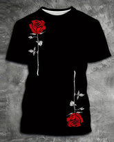 Men's Plus Size Street Fashion Black Rose Print Round Neck Short Sleeve T-Shirt