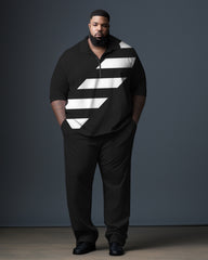 Men's Big & Tall Color Block Stripe Zip Up Polo Shirt and Pants Set