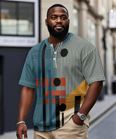 Big & Tall Men's Blue Colorblock Geometric Stripe Printed Henry Collar Button Short Sleeve Tee